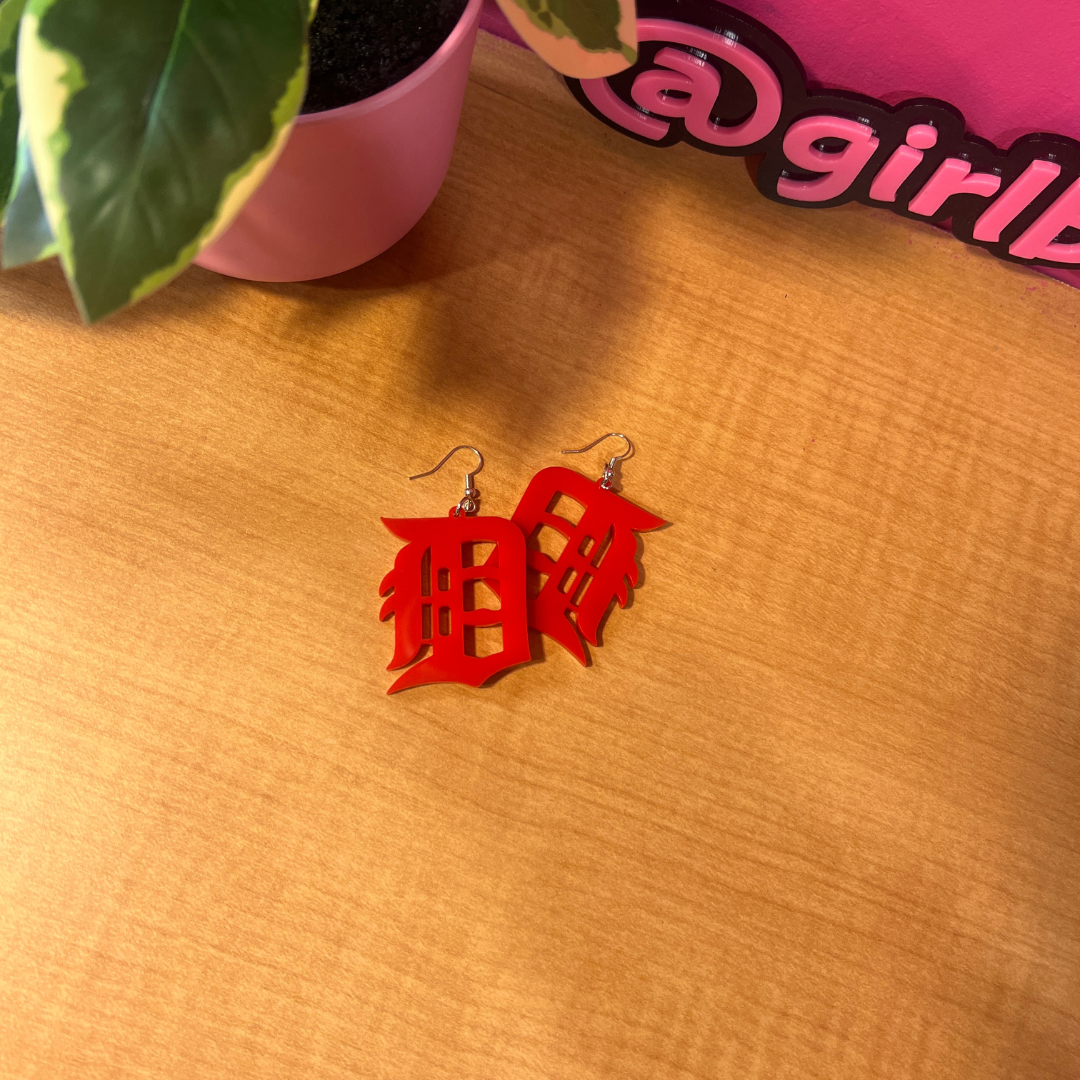 Detroit “D” Red Acrylic Earrings – Bold, Bright & Unapologetic