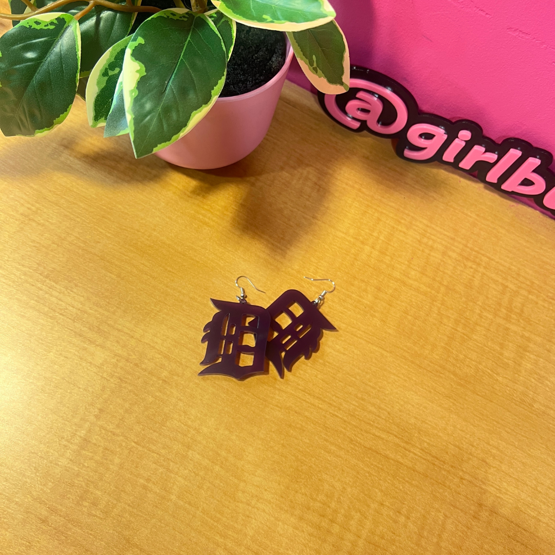 Detroit “D” Deep Purple Acrylic Earrings – Bold & Royal Vibes
