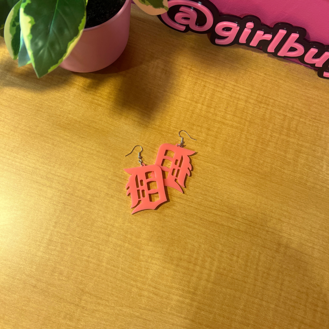 Detroit “D” Salmon Coral Acrylic Earrings – Soft & Bold Vibes