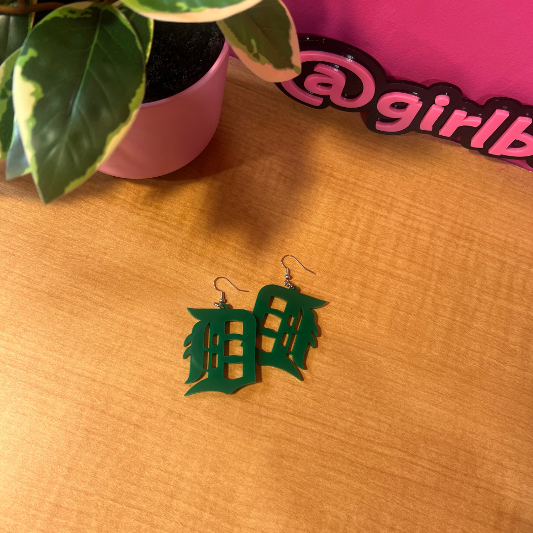 Detroit “D” Green Acrylic Earrings – Fresh & Fearless