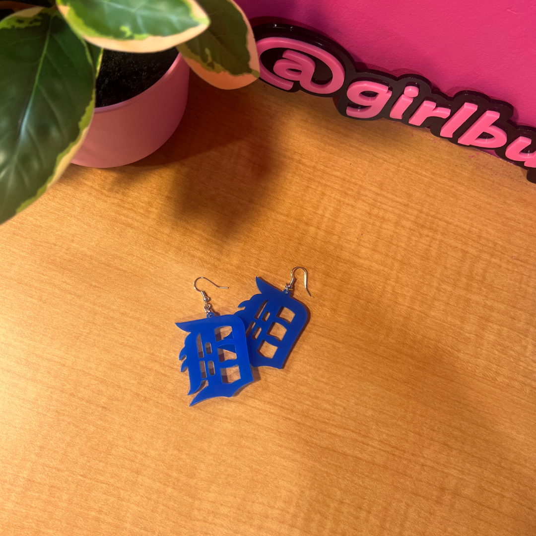 Detroit “D” Royal Blue Acrylic Earrings – Bold & Classic