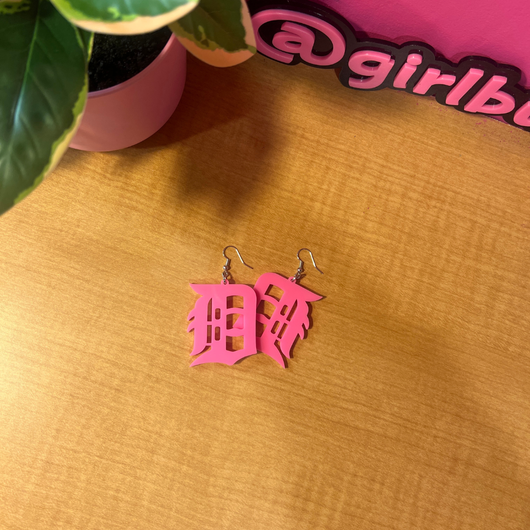 Detroit “D” Acrylic Earrings – Hot Pink
