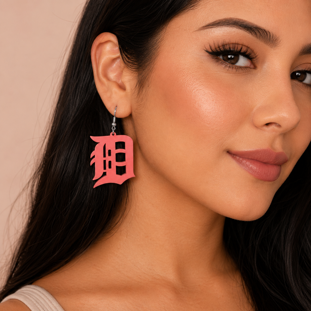 Detroit “D” Salmon Coral Acrylic Earrings – Soft & Bold Vibes