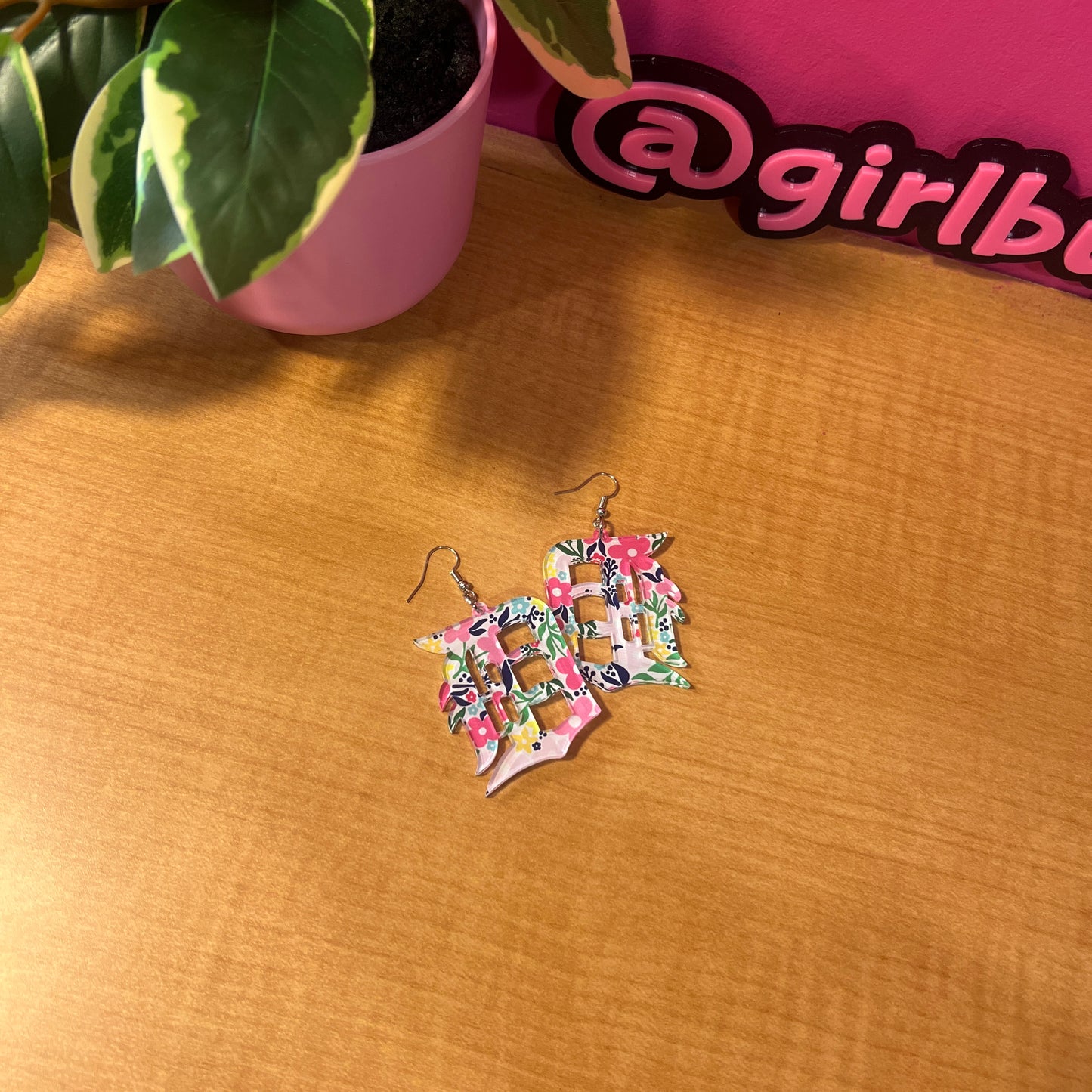 Detroit “D” Floral Print Acrylic Earrings – Vibrant, Fun & Bold