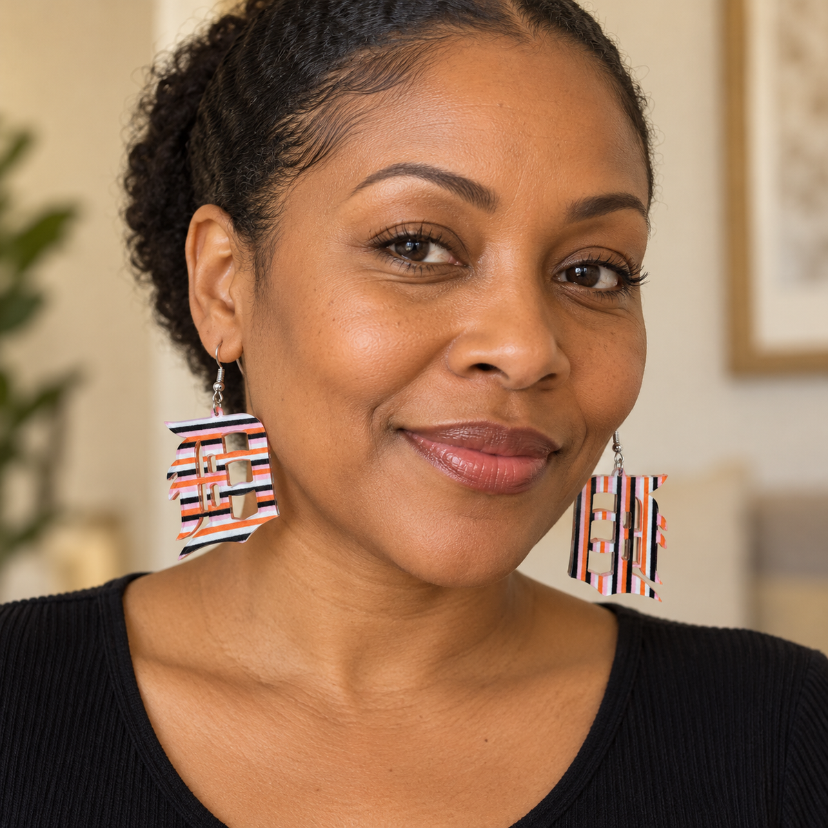 Halloween Detroit D Acrylic Earrings | Pink & Orange Stripes