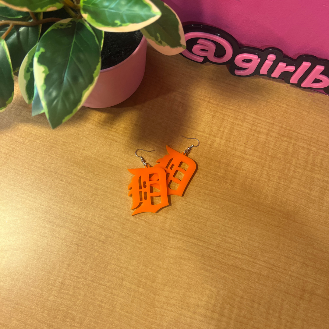 Detroit “D” Acrylic Earrings – Bright Orange Statement Pair