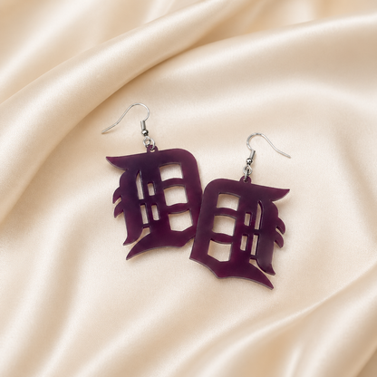 Detroit “D” Deep Purple Acrylic Earrings – Bold & Royal Vibes