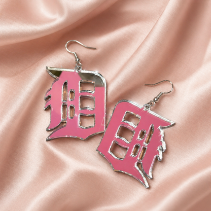 Detroit “D” Mirrored Silver Acrylic Earrings – Icy, Clean & Classic