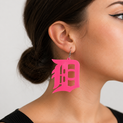 Detroit “D” Acrylic Earrings – Hot Pink