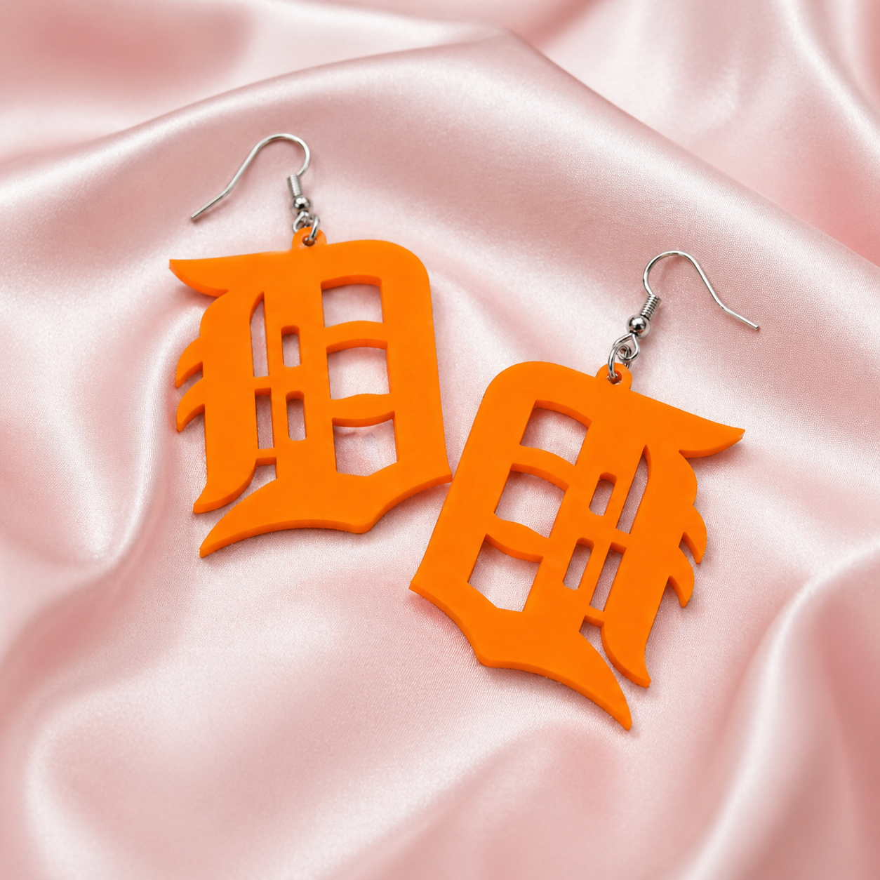 Detroit “D” Acrylic Earrings – Bright Orange Statement Pair