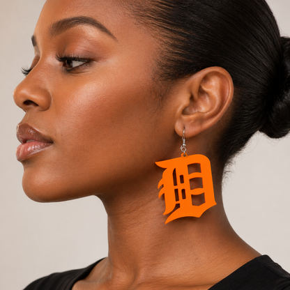 Detroit “D” Acrylic Earrings – Bright Orange Statement Pair