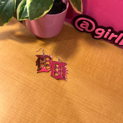 Detroit “D” Mirrored Pink Acrylic Earrings – Reflective & Fierce