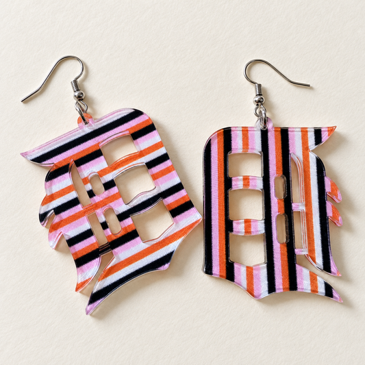Halloween Detroit D Acrylic Earrings | Pink & Orange Stripes